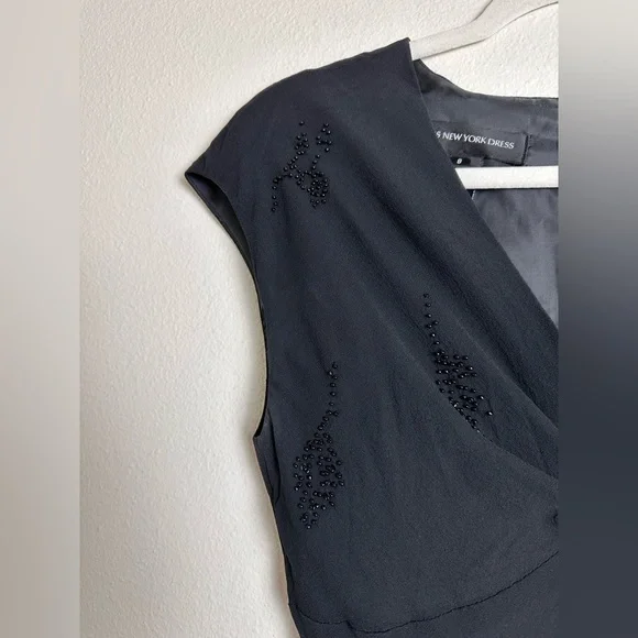 Jones New York vintage Y2K black 100% silk beaded v neck maxi dress sheer cap 8 - Picture 2 of 6